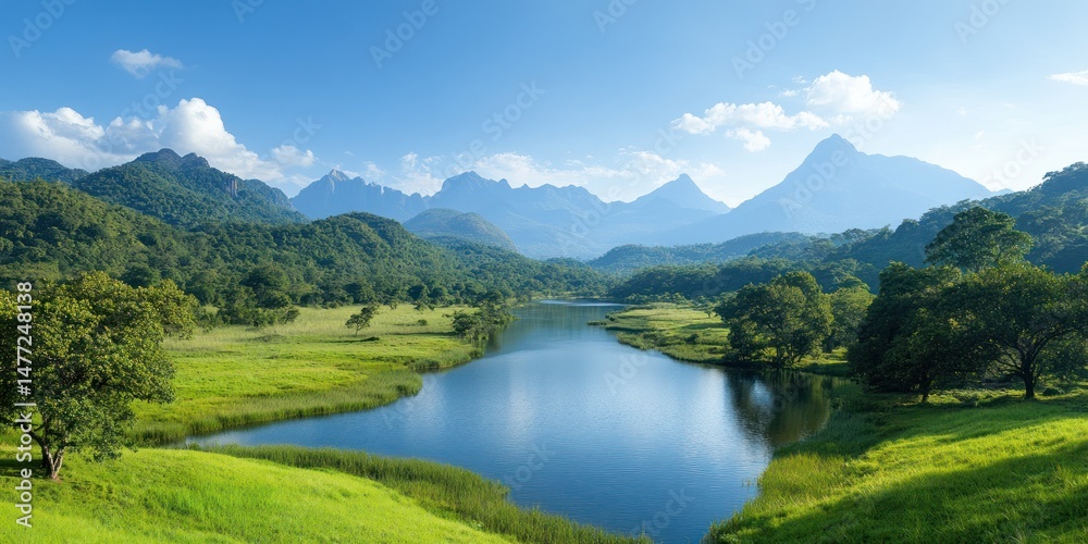 Fototapeta premium Panoramic view of the lake and mountains in the morning