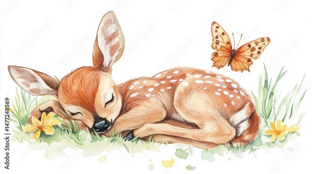 Fototapeta premium Adorable sleeping fawn nestled in grass with a butterfly.