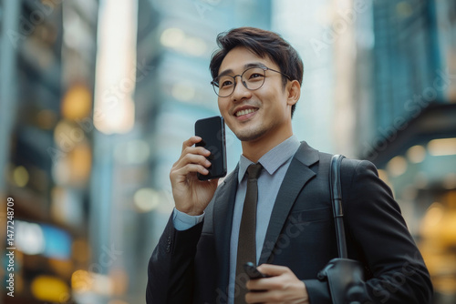 Young busy happy Asian business man office professional holding cellphone in hands walking on big city urban street making corporate business call, talking on cellular phone standing in