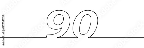 A single line drawing of a ninety symbol. One line icon. Continuous line ninetieth number icon. Simple black outline of the number 90. Vector illustration