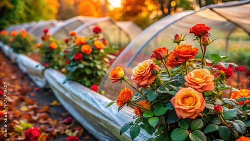 Winter roses growing on a spunbond hotbed in an autumn garden, with vibrant orange and red hues amidst lush green foliage