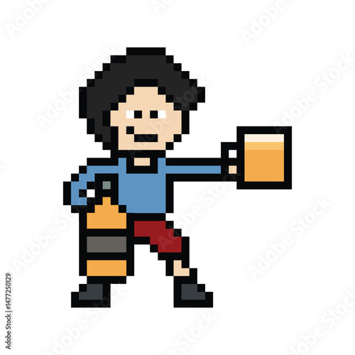 Cute pixel cartoon 8bit character man drink beer alcohol party hangout lifestyle decoration life style 8 bit male boy drinking beer isolated png vector.