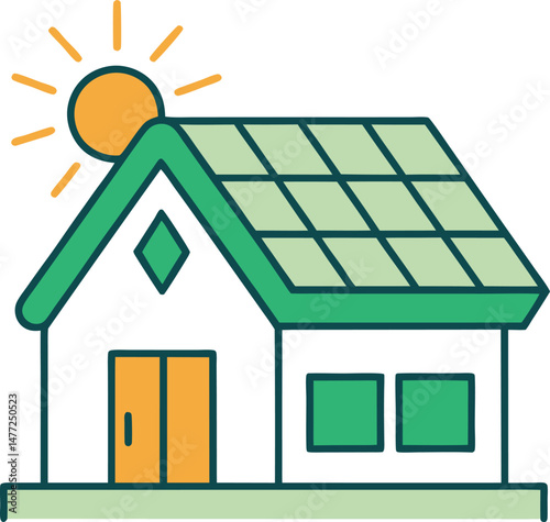 a solar-powered house, utilizing solar panels on its roof to generate electricity, line art style