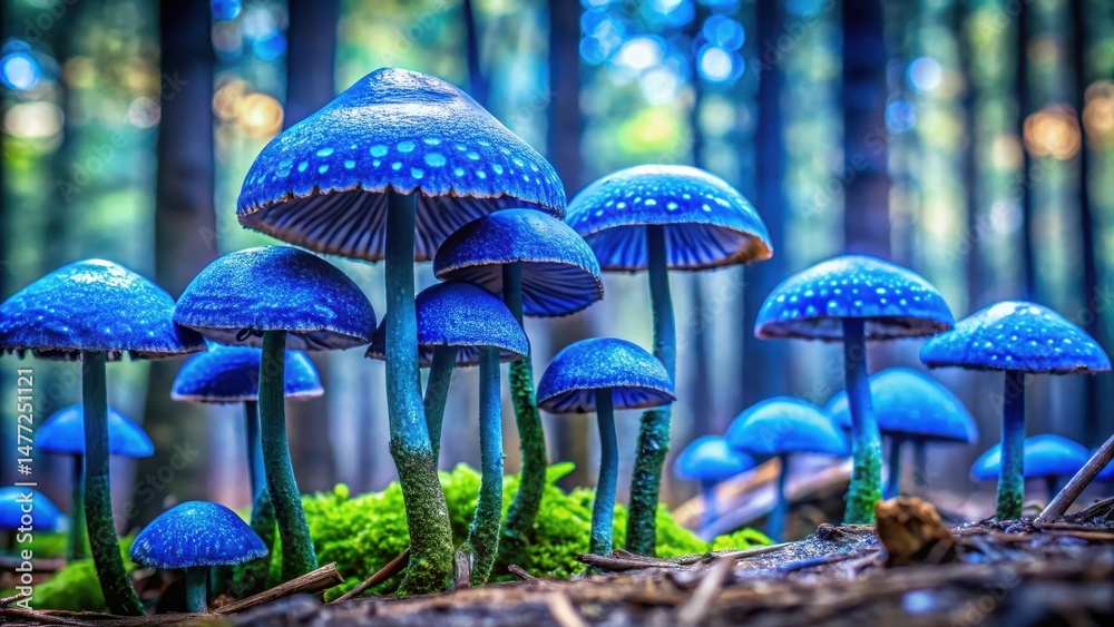 Fototapeta premium Fungal caps with vibrant blue hues and intricate patterns, forest ecosystem