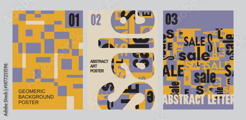 Modern set of three posters with letters for sale. Geometric poster, seamless pattern of letters inscribed in the poster - fully editable ready-made background in contrasting colors. Digital illustrat