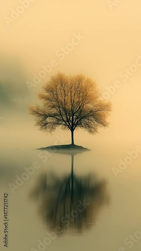 Solitary tree reflecting in tranquil misty water