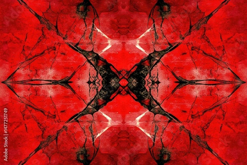 Intricate, symmetrical design; vibrant red, dark black, and hints of white.  Complex patterns cross and intersect in a repeating, mirrored fashion