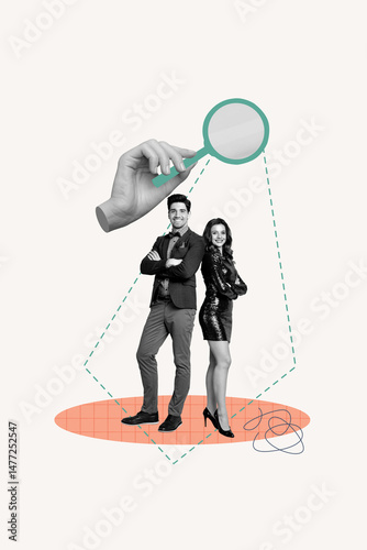 Picture template collage of person under magnifying glass on white color background