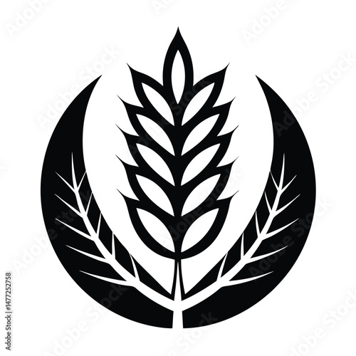 Stylized Black Wheat Grain Stalk Symbol Encased by Crescent Shaped Blades Graphic
