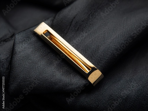 Elegant golden tie clip resting on textured black fabric for a sophisticated style