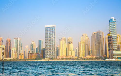 Dubai Marina skyscrapers and Dubai beach view from boat