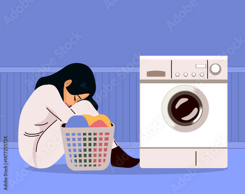 Stressed woman having a overflowing laundry basket to wash vector cartoon illustration. Drawing of unhappy housewife highlights the burden of domestic chores and challenges of daily routines