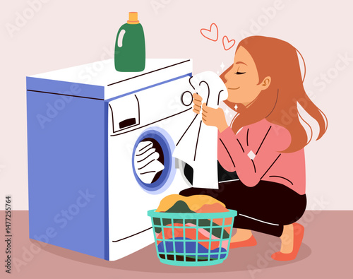 Housewife woman sitting near washing machine inhaling fragrant smell freshly white washed towel after using good laundry detergent. Drawing of a girl representing the joy of cleanliness and satisfacti