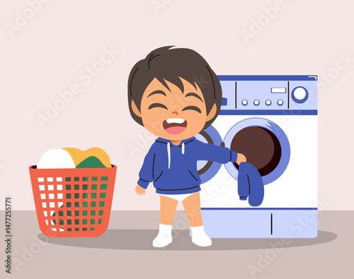 Vector cartoon illustration of child putting his dirty laundry in the Washing Machine. Happy little baby boy doing household chores by himself on his daily routine life