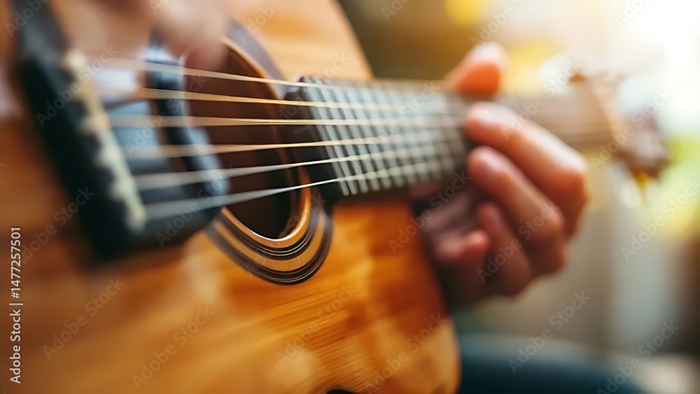 Fototapeta premium Close-up of fingers playing acoustic guitar strings. Perfect for music content, tutorials, album covers, or artistic concepts involving musicianship and sound