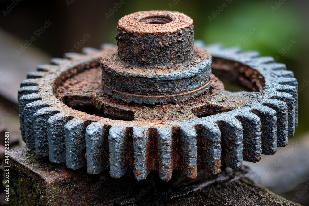 Rusty gear resting on weathered wood in a lush outdoor setting during the afternoon Rusty gear resting on weathered wood in a lush outdoor setting during the afternoon