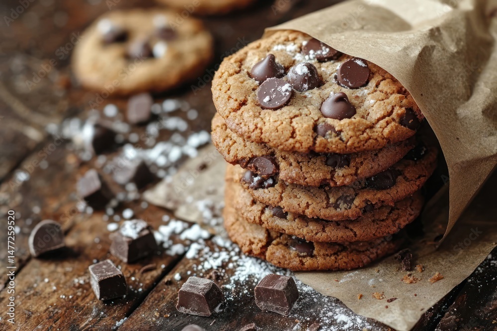 Fototapeta premium Stacked chocolate chip cookies in brown paper bag (1)