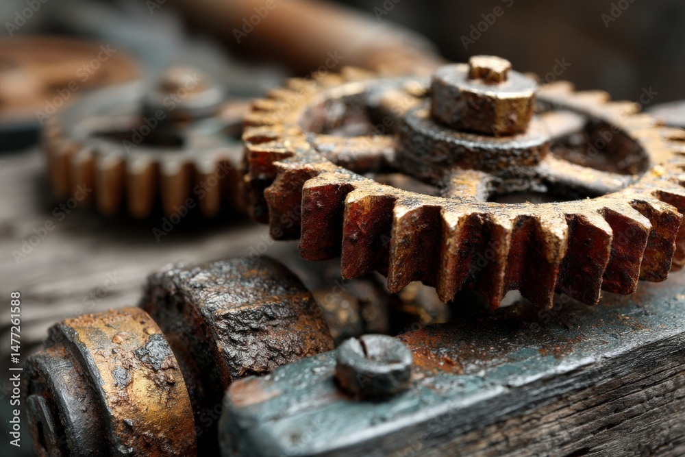 Rusty gears and intricate machinery parts captured in a workshop setting during daylight hours, showcasing the beauty of worn metal craftsmanship Rusty gears and intricate machinery parts captured in a workshop setting during daylight hours, showcasing the beauty of worn metal craftsmanship