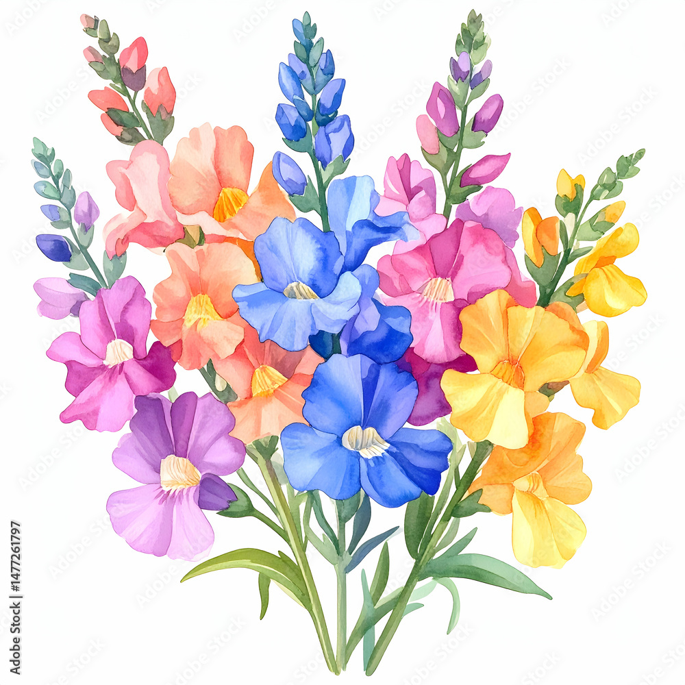 Fototapeta premium Colorful Bouquet of Snapdragon Flowers: A vibrant watercolor painting presents a stunning bouquet of snapdragon flowers, showcasing a spectrum of colors and intricate detail.