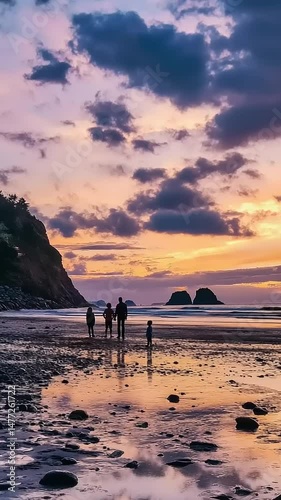 Sunset Beach Scene with Silhouetted Figures by Cliffs