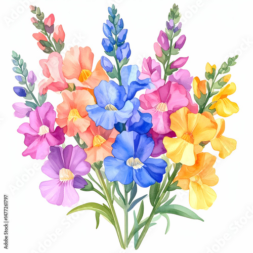 Colorful Bouquet of Snapdragon Flowers: A vibrant watercolor painting presents a stunning bouquet of snapdragon flowers, showcasing a spectrum of colors and intricate detail.