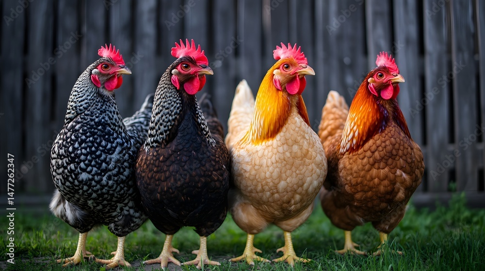 Fototapeta premium Group of colorful chickens standing together on a farm