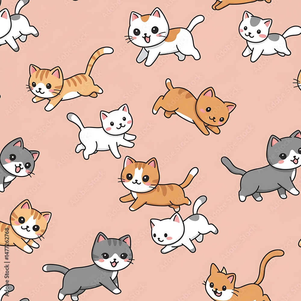 Fototapeta premium Cute Kitten Seamless Pattern, Pink Background