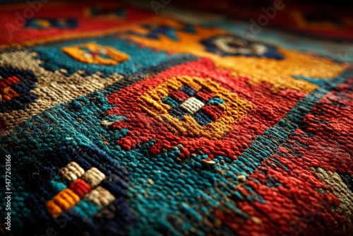 Vibrant handmade textile showcasing intricate patterns and rich colors in close-up view