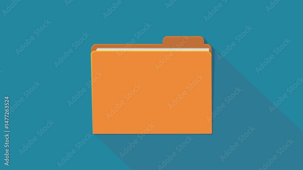 Animation of an orange folder appearing from the back then disappearing to the right of the screen in flat design style on a blue background with a long shadow