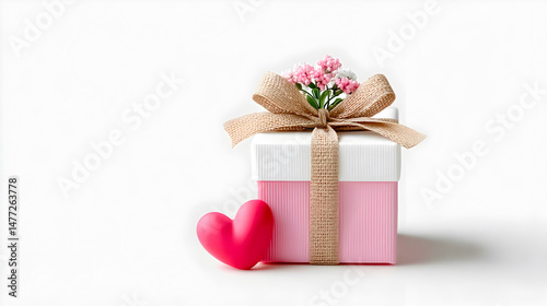 Gift box adorned with flowers and ribbon, accompanied by a pink heart, creating a charming and romantic atmosphere for special occasions. Selective focus