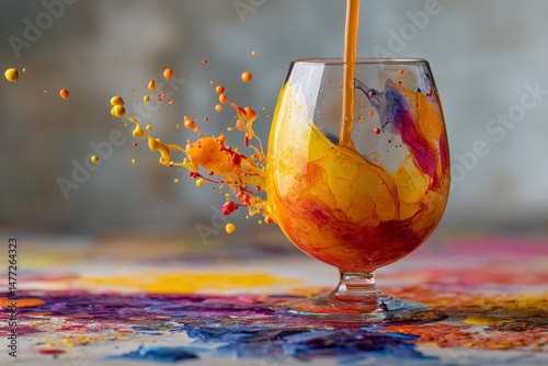 Creative splash of vibrant colors in a glass on a colorful surface