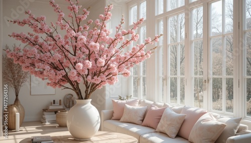 Bright spring interior with cozy minimalist decor, large windows, blooming cherry branches in vase and pastel cushions in scandinavian style Generative AI