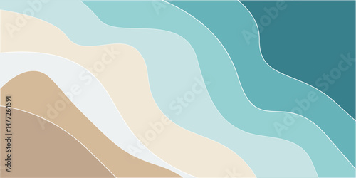 Abstract blue sea and beach summer background with paper waves and seacoast for banner, invitation, poster or web site design. Paper cut style, 3d effect imitation, space for text, vector.