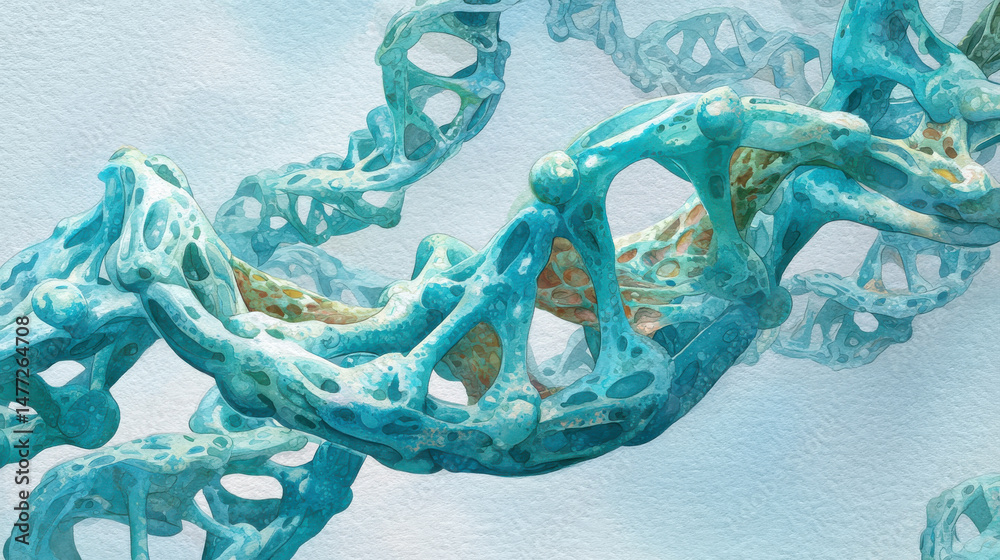 Naklejka premium Watercolor scientific illustration of DNA structure showcasing intricate details and vibrant