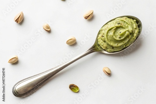 Spoon with pistachio spread on white background, top view