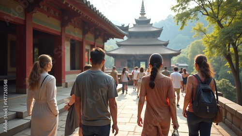 Foreign tourists visiting a local temple for a cultural experience photo