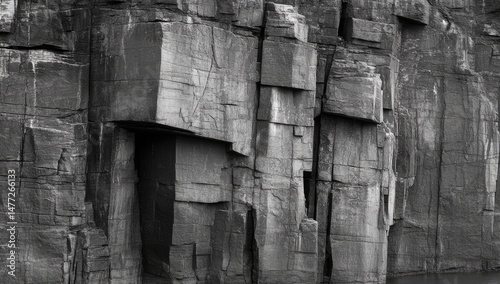 Gray, rugged rock face with angular blocks.  Close-up view of layered, fractured stone