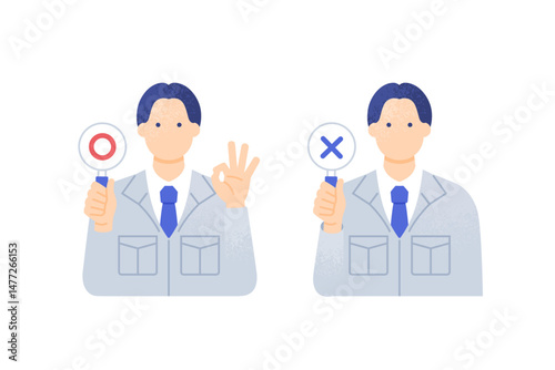 作業員が○×札を持つ。作業服を着た男性のベクターイラスト素材2点セット。
