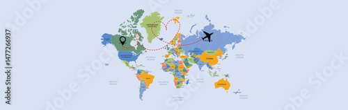 Airplane path in dotted line shape on world map. Flight path. Vector illustration.
