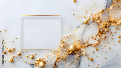 Elegant marble background with golden accents and a blank square frame, perfect for creating stylish invitations or promotional materials with copy space. Selective focus