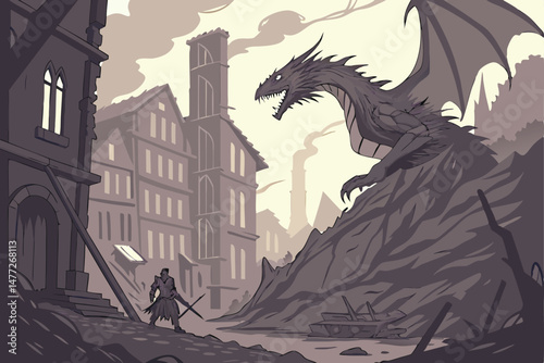149 highly detailed dark fantasy epic fantasy city landscape, dragon attacking city, war and destruction, cinematic lighting, atmospheric moody mist fog, 8k, unreal engine, volumetric lighting
