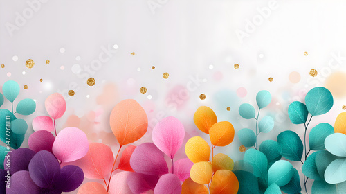 Colorful abstract illustration of vibrant leaves in shades of pink, orange, teal, and purple with soft bokeh effects and golden accents creating a cheerful atmosphere. Selective focus