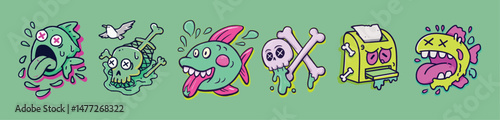 Rotten banana and sick strawberry characters in graffiti cartoon vector illustration perfect for sticker packs, fruit parody merch, or ironic wellness graphics