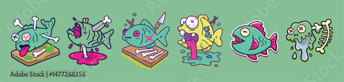 Melting skulls, dead fish, and haunted printers in graffiti cartoon vector illustration perfect for sticker packs, absurd office humor, or environmental meltdown themes