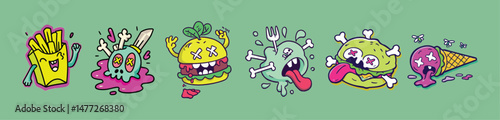 Mutant chickens and cows in graffiti cartoon vector illustration perfect for sticker packs, meat industry parodies, or farm animal protest graphics