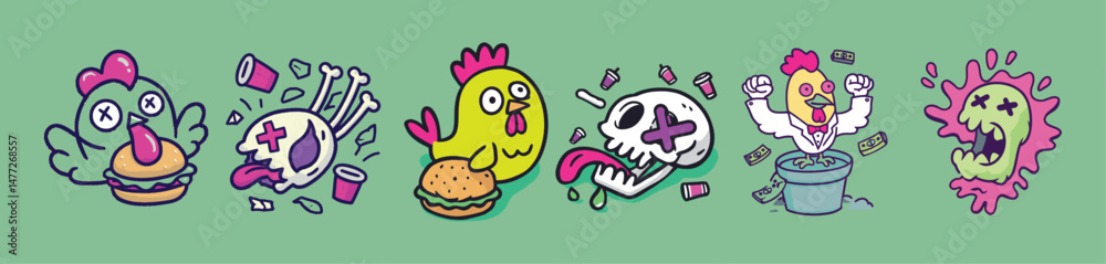 Obraz premium Graffiti-style fast food chicken and burger characters in absurd 90s cartoon vector illustration perfect for rebellious sticker packs and alt branding