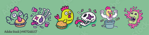 Graffiti-style fast food chicken and burger characters in absurd 90s cartoon vector illustration perfect for rebellious sticker packs and alt branding