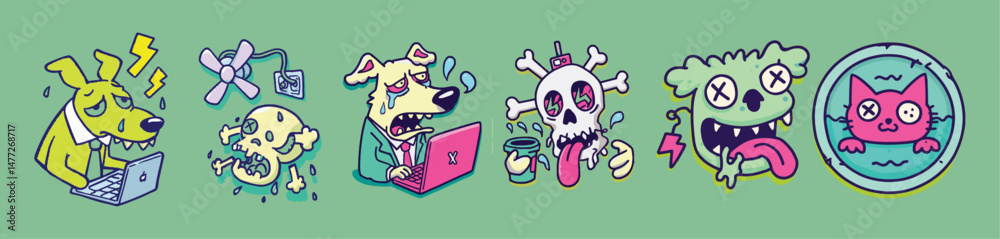 Absurd dog and monster office characters with deadpan humor in graffiti 90s cartoon vector illustration perfect for sticker packs and parody merch