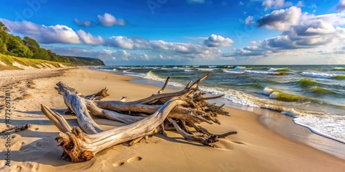 Fototapeta Naklejka Na Ścianę i Meble -  Dry driftwood scattered on the sandy beach of the Baltic Sea in Poland, with waves gently lapping at its edges , weathered