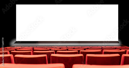 empty movie theater and movie screen mockup.
movie theater with red seats